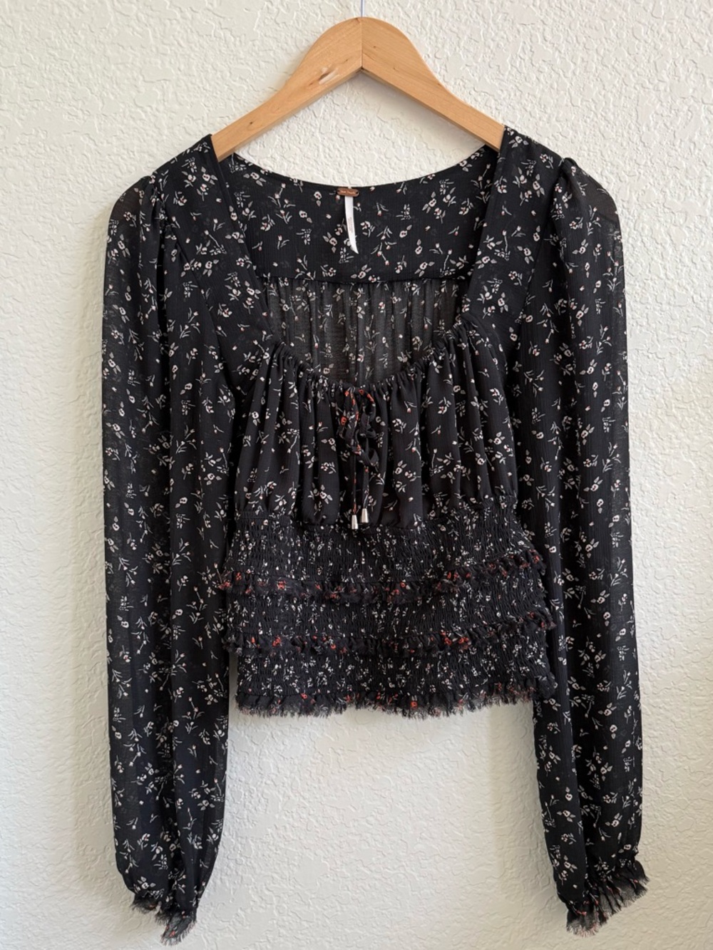 Free People Lolita Long Sleeve Floral Blooms Blouse Black‎ S